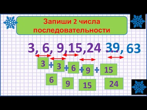 39, Запиши 2 числа последовательности 3, 6, 9,15,24 … 3 3 6