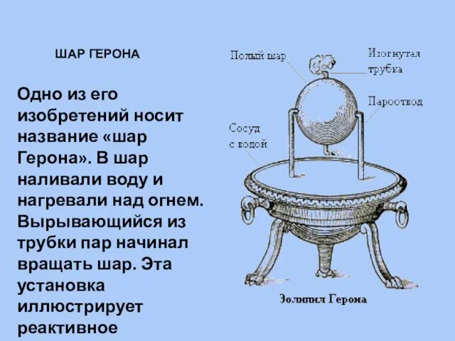 ШАР ГЕРОНА Одно из его изобретений носит название «шар Герона». В шар