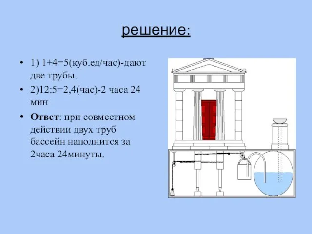 решение: 1) 1+4=5(куб.ед/час)-дают две трубы. 2)12:5=2,4(час)-2 часа 24 мин Ответ: при совместном