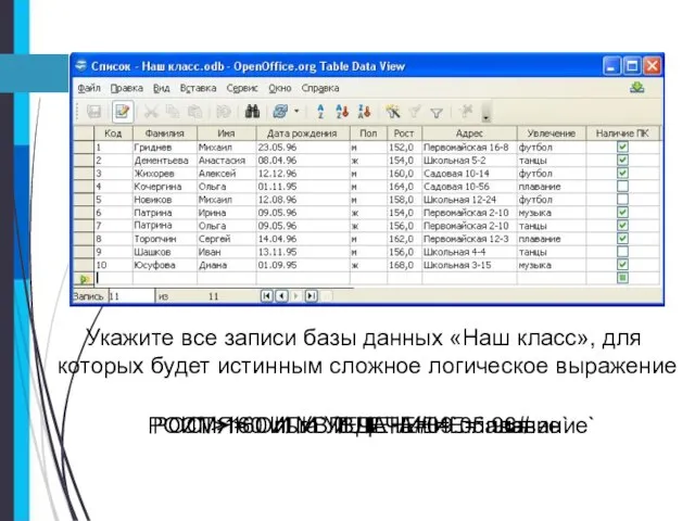 Укажите все записи базы данных «Наш класс», для которых будет истинным сложное