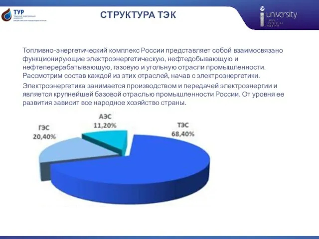 СТРУКТУРА ТЭК Топливно-энергетический комплекс России представляет собой взаимосвязано функционирующие электроэнергетическую, нефтедобывающую и