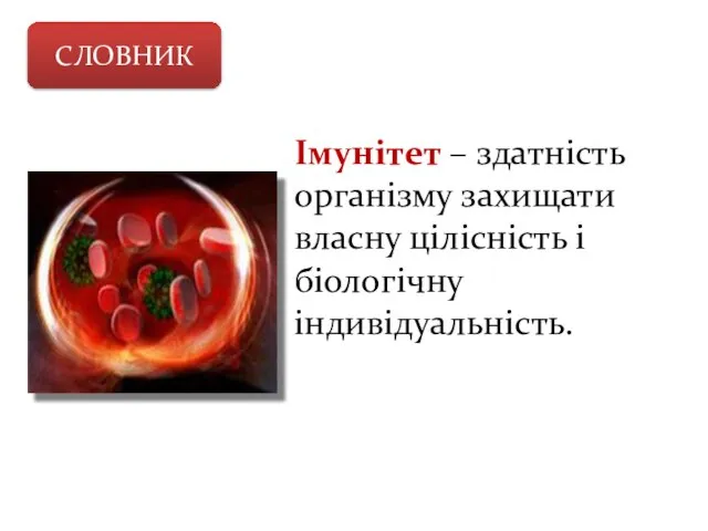 СЛОВНИК Імунітет – здатність організму захищати власну цілісність і біологічну індивідуальність.