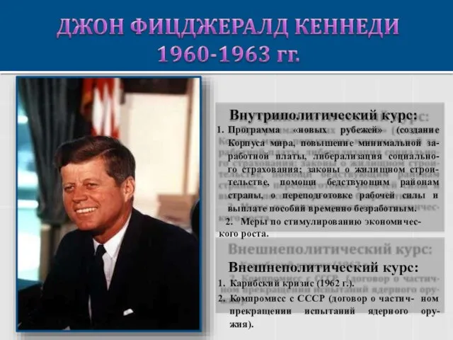 Внутриполитический курс: Программа «новых рубежей» (создание Корпуса мира, повышение минимальной за- работной