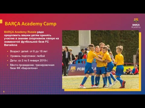 4 BARÇA Academy Camp Возраст детей: от 6 до 18 лет Уровень