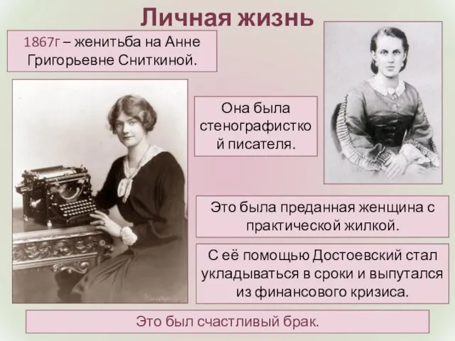 Личная жизнь Она была стенографисткой писателя. 1867г – женитьба на Анне Григорьевне