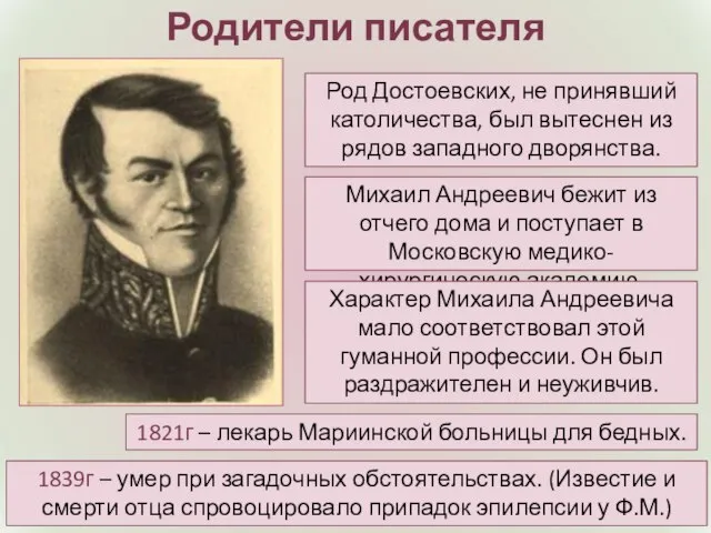 Родители писателя Михаил Андреевич бежит из отчего дома и поступает в Московскую