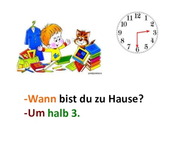 Wann bist du zu Hause? Um ... . halb 3.