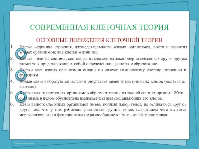 СОВРЕМЕННАЯ КЛЕТОЧНАЯ ТЕОРИЯ ОСНОВНЫЕ ПОЛОЖЕНИЯ КЛЕТОЧНОЙ ТЕОРИИ Клетка –единица строения, жизнедеятельности живых