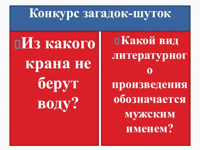 Конкурс загадок-шуток Из какого крана не берут воду? Какой вид литературного произведения обозначается муж­ским именем?