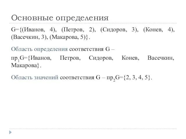 G={(Иванов, 4), (Петров, 2), (Сидоров, 3), (Конев, 4), (Васечкин, 3), (Макарова, 5)}.