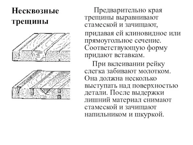 Несквозные трещины Предварительно края трещины выравнивают стамеской и зачищают, придавая ей клиновидное