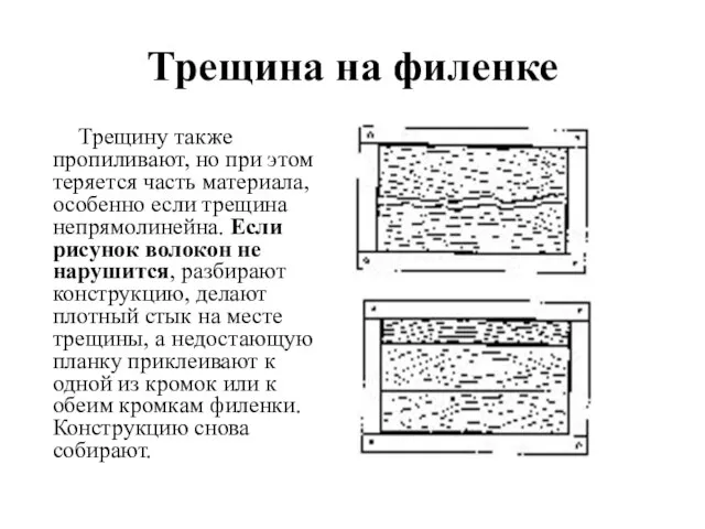 Трещина на филенке Трещину также пропиливают, но при этом теряется часть материала,