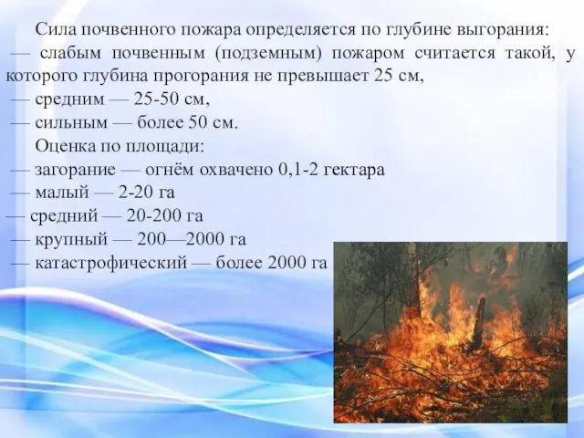 Сила почвенного пожара определяется по глубине выгорания: — слабым почвенным (подземным) пожаром