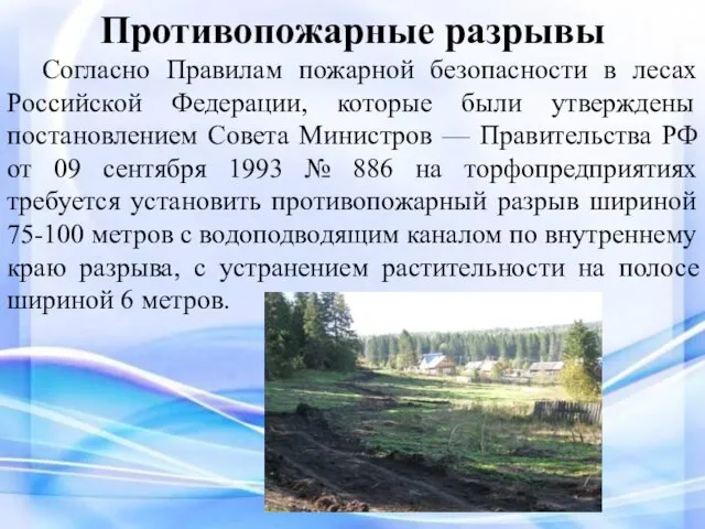 Противопожарные разрывы Согласно Правилам пожарной безопасности в лесах Российской Федерации, которые были