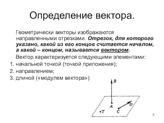 Определение вектора. Геометрически векторы изображаются направленными отрезками. Отрезок, для которого указано, какой