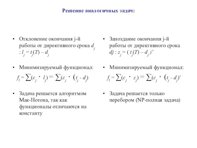 Решение аналогичных задач: Отклонение окончания j-й работы от директивного срока dj :