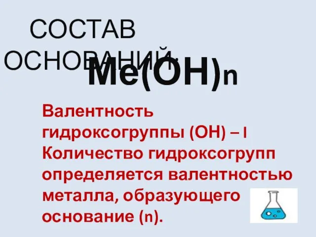 СОСТАВ ОСНОВАНИЙ: Ме(ОН)n Валентность гидроксогруппы (ОН) – I Количество гидроксогрупп определяется валентностью металла, образующего основание (n).