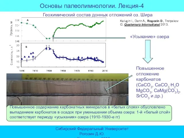 Повышенное отложение карбонатов (CaCO3, CaCO3∙H2O MgCO3, CaMg(CO3)2, SrCO3 и др.) «Усыхание» озера