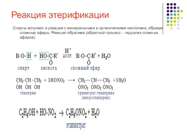 Реакция этерификации Спирты вступают в реакции с минеральными и органическими кислотами, образуя