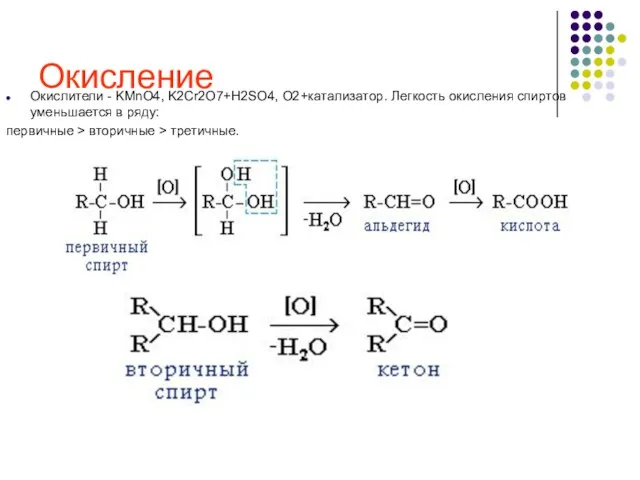 Окисление Окислители - KMnO4, K2Cr2O7+H2SO4, O2+катализатор. Легкость окисления спиртов уменьшается в ряду: