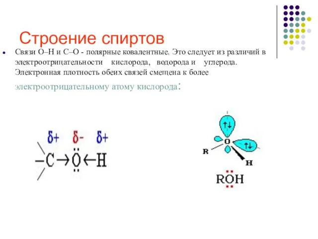 Строение спиртов Связи О–Н и С–О - полярные ковалентные. Это следует из