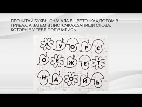 ПРОЧИТАЙ БУКВЫ СНАЧАЛА В ЦВЕТОЧКАХ,ПОТОМ В ГРИБАХ, А ЗАТЕМ-В ЛИСТОЧКАХ.ЗАПИШИ СЛОВА,КОТОРЫЕ У ТЕБЯ ПОЛУЧИЛИСЬ