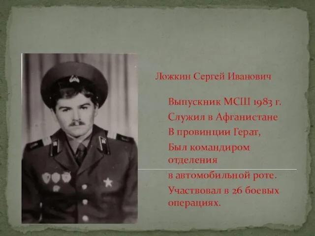 Ложкин Сергей Иванович Выпускник МСШ 1983 г. Служил в Афганистане В провинции