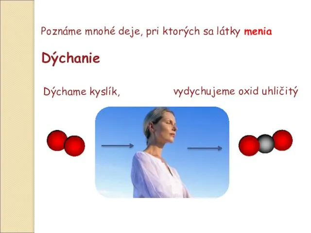 Poznáme mnohé deje, pri ktorých sa látky menia Dýchanie Dýchame kyslík, vydychujeme oxid uhličitý