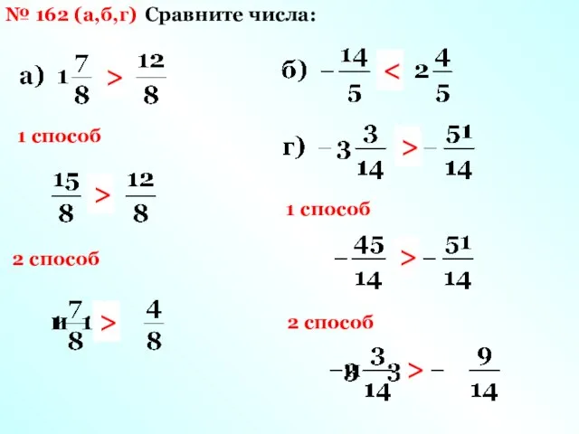 № 162 (а,б,г) Сравните числа: 1 способ 2 способ > > >