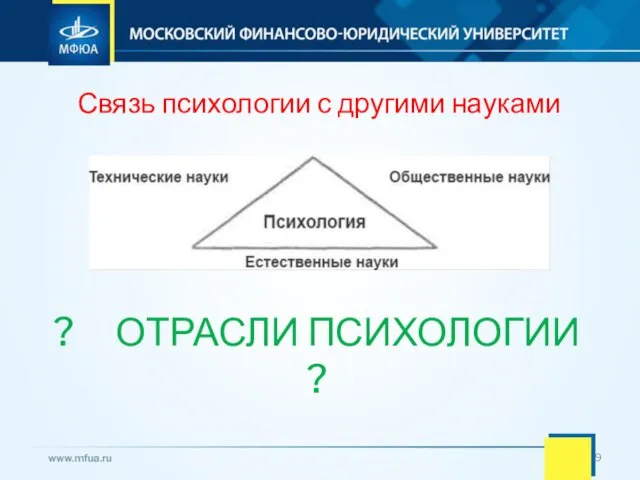 Связь психологии с другими науками ? ОТРАСЛИ ПСИХОЛОГИИ ?