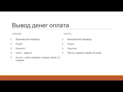 Вывод денег оплата UPWORK Банковский перевод Paypal Payoneer Fixed – через 5