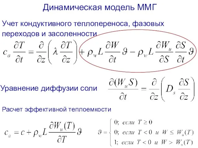 Динамическая модель ММГ Учет кондуктивного теплопереноса, фазовых переходов и засоленности Уравнение диффузии соли Расчет эффективной теплоемкости