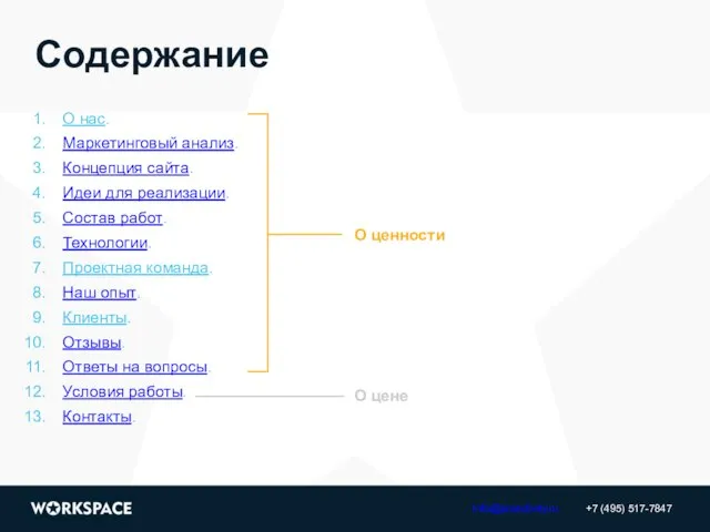 Содержание О нас. Маркетинговый анализ. Концепция сайта. Идеи для реализации. Состав работ.