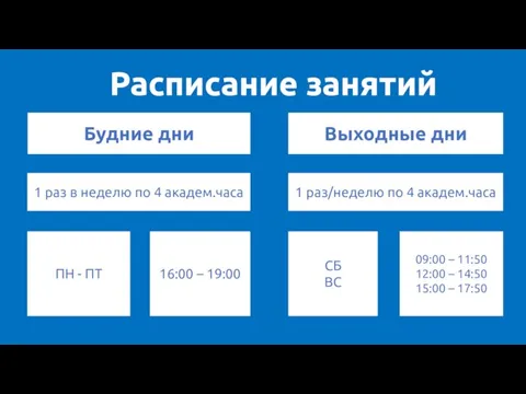 Расписание занятий Будние дни ПН - ПТ СБ ВС 16:00 – 19:00