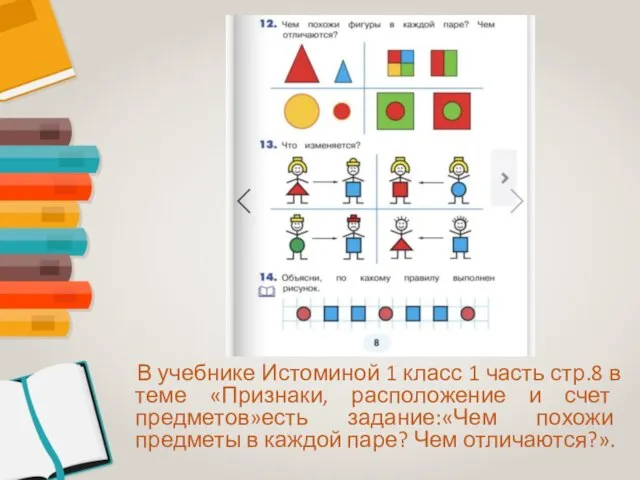 В учебнике Истоминой 1 класс 1 часть стр.8 в теме «Признаки, расположение