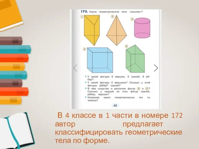 В 4 классе в 1 части в номере 172 автор предлагает классифицировать геометрические тела по форме.