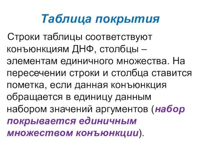 Таблица покрытия Строки таблицы соответствуют конъюнкциям ДНФ, столбцы – элементам единичного множества.