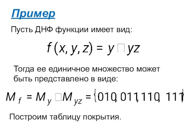 Пример Пусть ДНФ функции имеет вид: Тогда ее единичное множество может быть