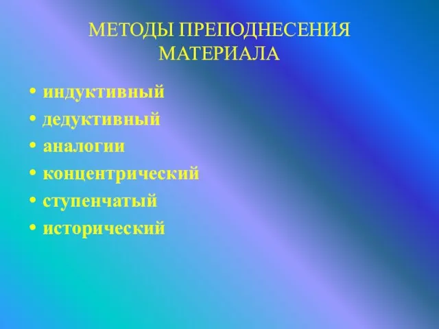 МЕТОДЫ ПРЕПОДНЕСЕНИЯ МАТЕРИАЛА индуктивный дедуктивный аналогии концентрический ступенчатый исторический