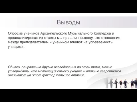 Выводы Опросив учеников Архангельского Музыкального Колледжа и проанализировав их ответы мы пришли