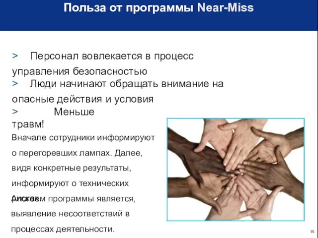 Польза от программы Near-Miss > Персонал вовлекается в процесс управления безопасностью >