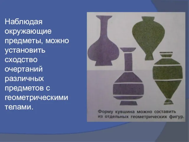 Наблюдая окружающие предметы, можно установить сходство очертаний различных предметов с геометрическими телами.