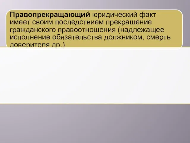 Правопрекращающий юридический факт имеет своим последствием прекращение гражданского правоотношения (надлежащее исполнение обязательства должником, смерть доверителя др.)