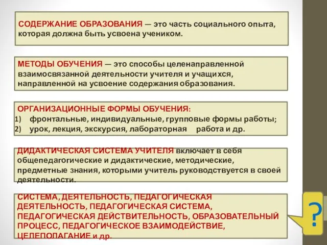 СОДЕРЖАНИЕ ОБРАЗОВАНИЯ — это часть социального опыта, которая должна быть усвоена учеником.