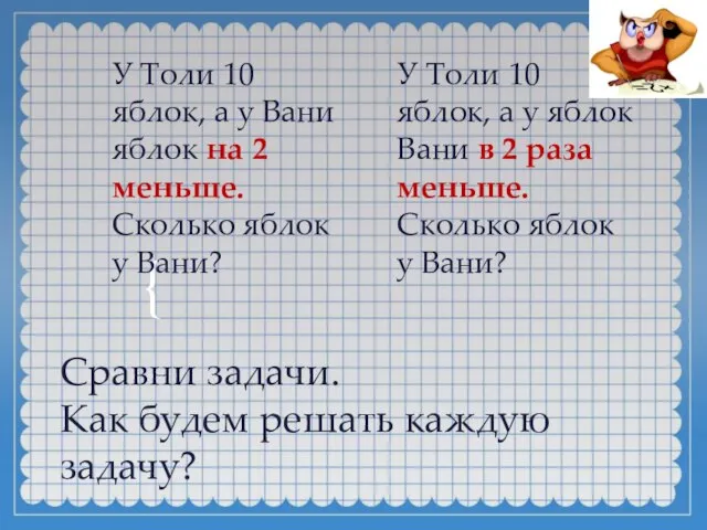 Сравни задачи. Как будем решать каждую задачу? У Толи 10 яблок, а