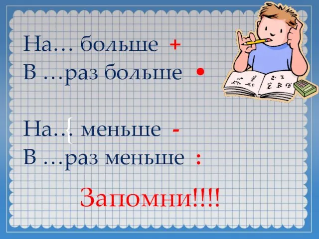 На… больше + В …раз больше • На… меньше - В …раз меньше : Запомни!!!!