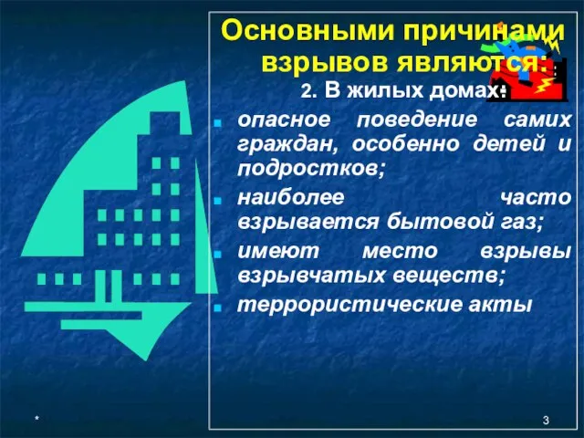 * Основными причинами взрывов являются: 2. В жилых домах: опасное поведение самих