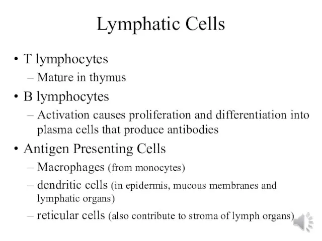 Lymphatic Cells T lymphocytes Mature in thymus B lymphocytes Activation causes proliferation