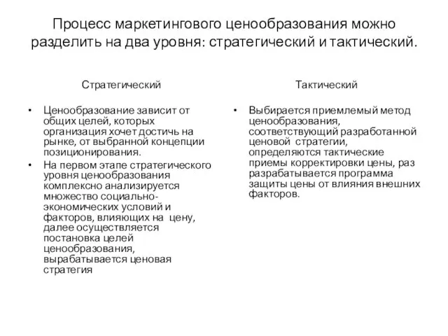 Процесс маркетингового ценообразования можно разделить на два уровня: стратегический и тактический. Стратегический