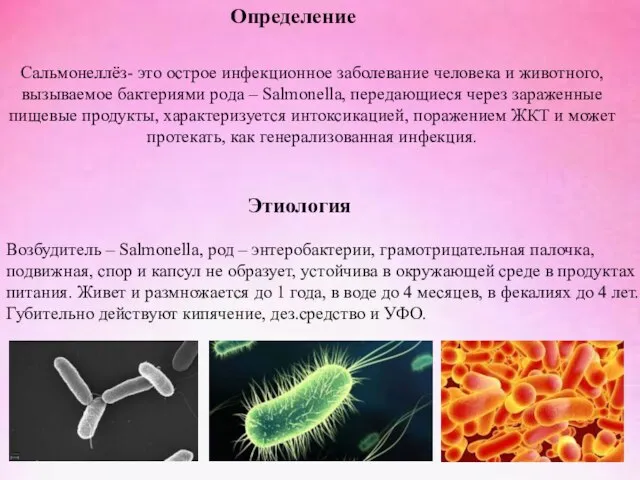 Определение Сальмонеллёз- это острое инфекционное заболевание человека и животного, вызываемое бактериями рода